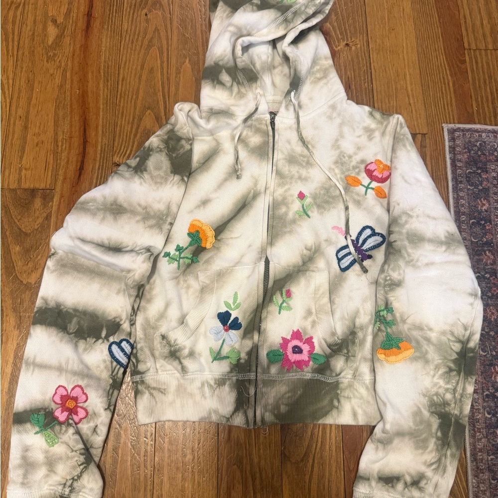 Miss Me jeans Floral Embroidered Tie-Dye Zip-Up long sleeve Hoodie